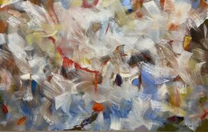 Abstract painting composed of expressive brushstrokes in a swirling pattern of different colors with white strokes being predominant