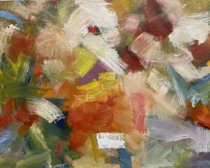 Abstract painting composed of expressive brushstrokes in a swirling pattern of different colors