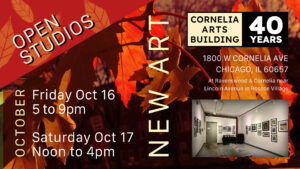 A graphic with imagery of fall leaves and a building exterior includes information shown in event post about upcoming Open Studio events
