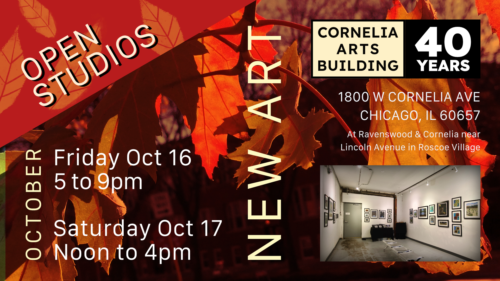A graphic with imagery of fall leaves and a building exterior includes information shown in event post about upcoming Open Studio events