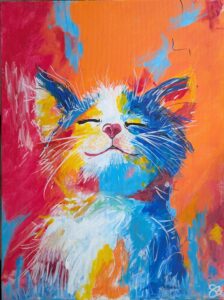 A colorful cat with its eyes closed and smiling