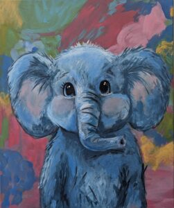 A cartoon-like baby elephant with a colorful background