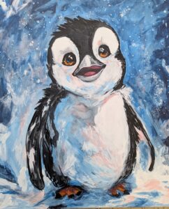 A painting of a penguin standing in snow and smiling