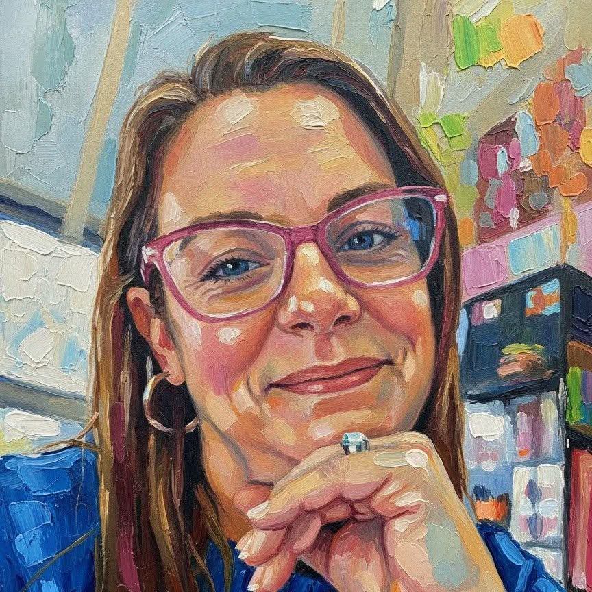 Painting of a woman with shoulder-length brown hair, wearing violet glasses, hoop earrings, blue shirt and sitting in a studio background