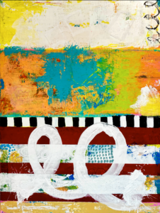 An abstract painting of multiple shapes in colors like blue, yellow, orange, red, black and black and white dashed lines with swirling lines in various parts