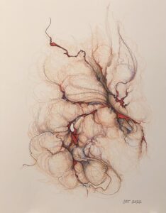 An abstract drawing on grey paper with red, brown and deep purple color resembles a biological mass of shapes
