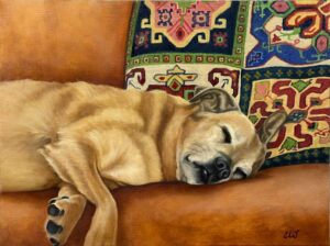 A painting of a brown dog sleeping on a brown couch with a quilt displaying colorful geometric patterns drapped over the back
