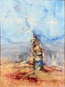An abstract drawing that resembles a surrealist landscape with a blue sky overhead and a brown rocky terrain in the foreground, with streaks of white, blue, red and other natural colors throughout