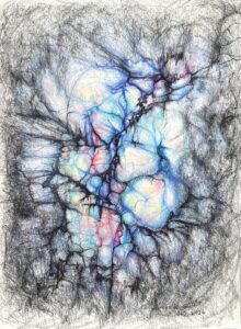 An abstract drawing in black, blue, yellow and teal colors resembles a biological or alien landscape