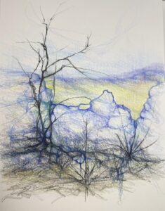 An abstract drawing in blue, yellow and black that bears a resemblance to a rocky landscape with dead trees seen throughout