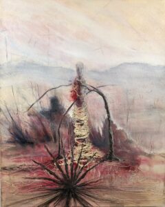 A stylistic painting of a skinny figure in a surreal landscape painted in black and red with the figure's body being rendered partially out of curled string. Black cross shapes and other shapes are seen in the foreground and background