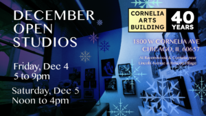 An exhibition announcement with colorful snowflakes and a photograph of an artist's work studio and show graphic text