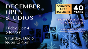 An exhibition announcement with colorful snowflakes and a photograph of an artist's work studio and show graphic text